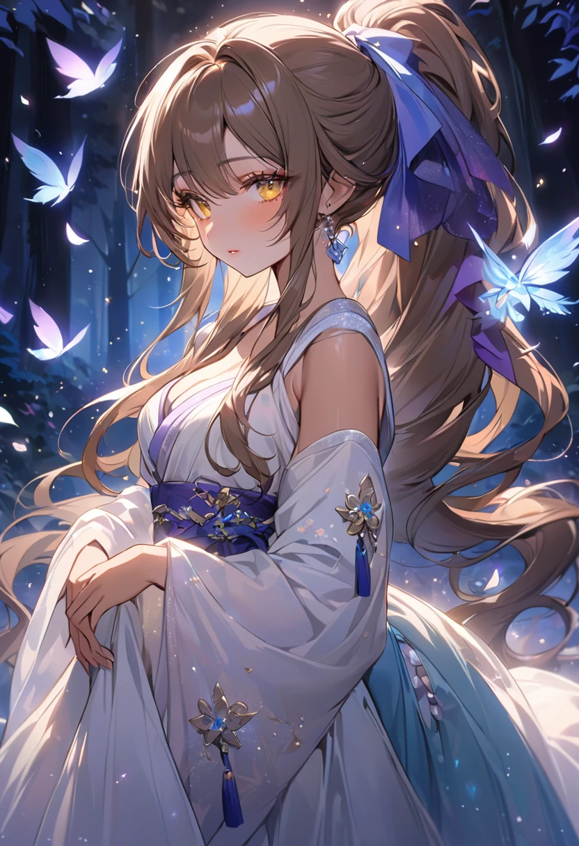 ((best quality)), ((Masterpiece)), (details), Young woman, Medium bust, brown hair, yellow eyes, ((long hair, ponytail)), handsome face, (Tanned skin:1.3), Long eyelashes, Thick eyelashes, Hanfu,(Dress conservatively:1.3),Flying petals, seductive pose,colorful,Magic Forest,sparkling light particles,nighttime,atmosphere,Enchanted,ethereal light,beautiful nature,dreamlike,quiet,quiet,undercover,charming,undercover,การแสดงตนที่charming,elegant posture,peaceful aura,shining,beauty in nature