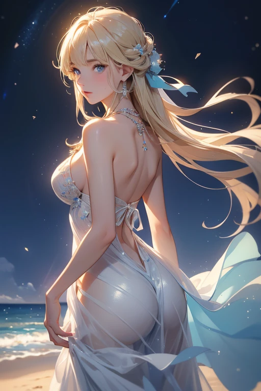 (masterpiece、Highest quality、8k、High resolution)、(The best beautiful girl)、Best Style、(The most beautiful face)、Beautiful Skin、Clean blue eyes、Beautiful Lips、Beautiful Nose、Blonde、Ample breasts、Walking on the sand、look back、The curves of her buttocks are round and beautiful..、Ocean、You can see the forest、A bright night with the stars clearly visible、Beautiful starry sky、milky way、(体whole bodyから神秘的な光の粒子、Colorful light)、The face is beautiful、(jewelry、necklace)、dress、(whole body)、Highly detailed anime art、A complete portrayal、