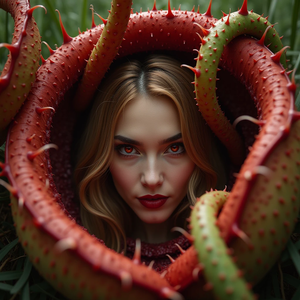 A close-up shot of a femme fatale's face peers out from the depths of a gigantic, eerie, psychedelic pitcher plant. Her honey-colored hair blends with the plant's waxy texture as she gazes directly at the viewer with red eyes and dark lips. A subtle, evil seductive smile spreads across her face, inviting you to step into the horrors within. The camera captures the intricate details of her features, juxtaposed against the eerie, primary-colored plant's twisted tendrils that seem to writhe around her like snakes.