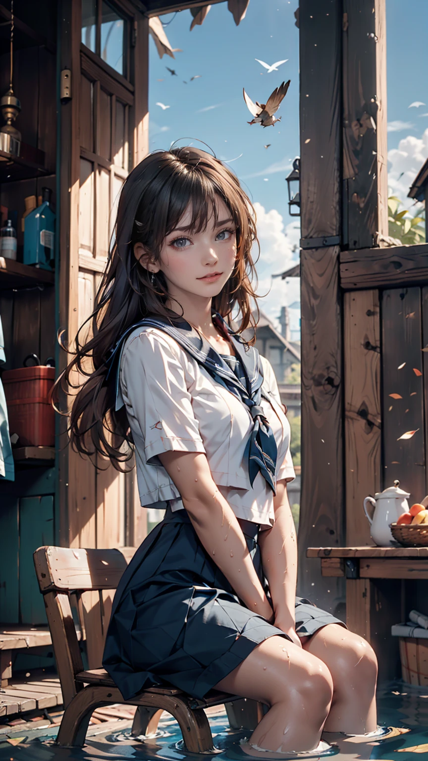 19-year-old female、Sailor suit、Xin Haicheng、Sparrow door lock、Old wooden door in ruins、Waterlogged、blue sky、Have a small chair for your child