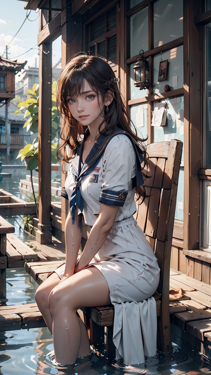 19-year-old female、Sailor suit、Xin Haicheng、Sparrow door lock、Old wooden door in ruins、Waterlogged、blue sky、Have a small chair for your child