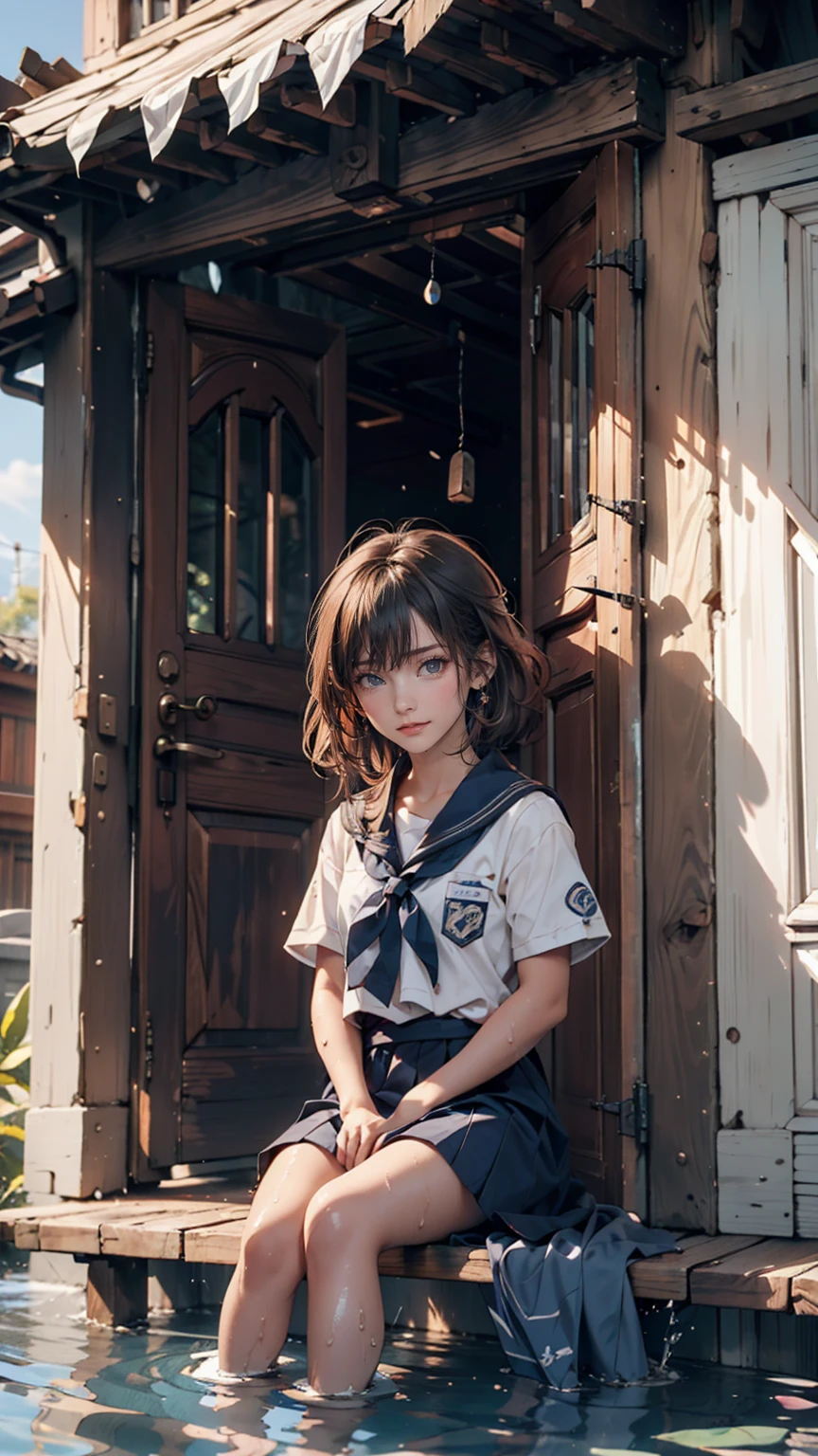19-year-old female、Sailor suit、Xin Haicheng、Sparrow door lock、Old wooden door in ruins、Waterlogged、blue sky、Have a small chair for your child