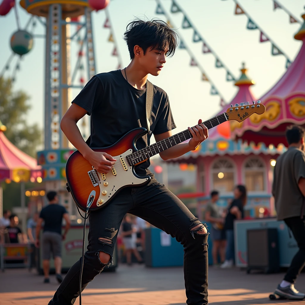 Photorealistic, 8k full body portrait, good looking, Handsome young asian teenage 18 years old, playing electric guitar with his band on the stage. The background at daylight of carnaval playground Manhattan, New York, he is wearing T-shirt, ripped black jeans pants and nike running shoes, black messy hair, full body sight, attractive appearance, Facial details,((play the guitar:1.2))