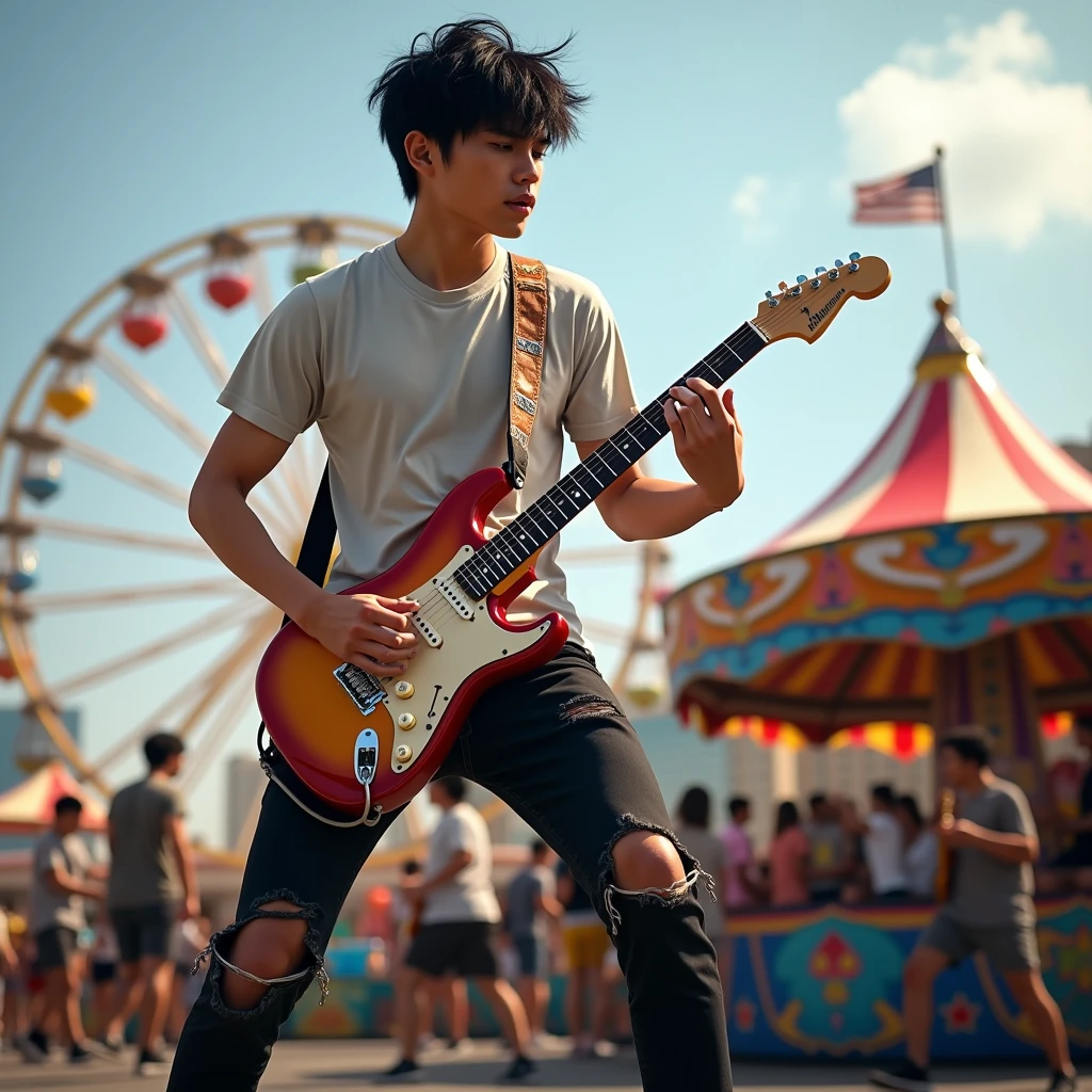 Photorealistic, 8k full body portrait, good looking, Handsome young asian teenage 18 years old, playing electric guitar with his band on the stage. The background at daylight of carnaval playground Manhattan, New York, he is wearing T-shirt, ripped black jeans pants and nike running shoes, black messy hair, full body sight, attractive appearance, Facial details,((play the guitar:1.2))
