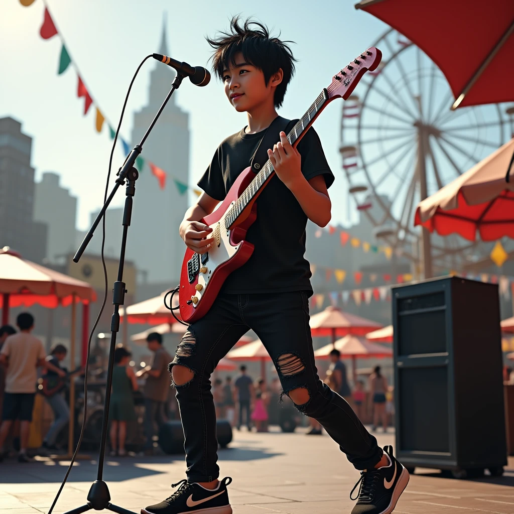 Photorealistic, 8k full body portrait, good looking, Handsome young asian teenage 18 years old, playing electric guitar with his band on the stage. The background at daylight of carnaval playground Manhattan, New York, he is wearing T-shirt, ripped black jeans pants and nike running shoes, black messy hair, full body sight, attractive appearance, Facial details,((play the guitar:1.2))