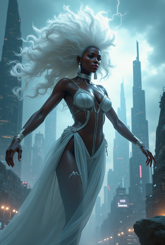 NSFW, (masterpiece: 1.3), Best Quality: 1.4, Unity detailed 8k wallpaper, High resolution, absurdities: 1.2, depth of field: 1.3, perfect lighting, cinematographic shadows, very detailed background, (super perfect head anatomy face fingers limbs arms hands legs), (Super beautiful and detailed body of a wet woman, gigantic, big voluptuous breasts, shiny hair, face, nose, shiny fingers, elongated eyes, skin relationship), slender: 1.5, narrow waist: 1.3, storm, (X-men), propiowaifu, broad, for white, by the wide, white curly hair, Dark skin, Dark skin woman, Red lips, white eyes, very Dark skin, red lipstick, for the floating, very broad, make up, eyelashes, toned, jewelry, earrings, layer, bracelet, mono, gloves, superhero, choker, beautiful style, flying in the sky, high tech city background, call a storm, tornado, thunder, Raining, cinematographic, Beautiful figure, cowboy shot