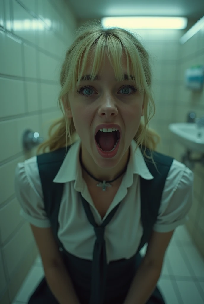 selfie, extreme close up photo, hourglass figure,  breasts, seducing in a school bathroom, blonde pigtails, choker, horrified expression, screaming, pale skin, looking at viewer, school uniform, (cinematic:1.3), intricate details, (ArtStation:1.2)


