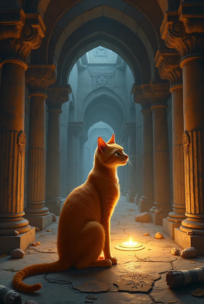 There is an orange cat in an ancient temple, where there is a mysterious prophecy.
– An orange cat protects an ancient temple, where there is a magical artifact.