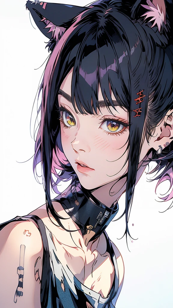 (best quality,4K,8K,high resolution,masterpiece:1.2),Extremely detailed,(Practical,photoPractical,photo-Practical:1.37),Black hair and pink ears anime girl,White shirt,Gina Flame (Gina Flame) Anime Drawing,pixiv,The Art of Self-Destruction,Gapmo,Yandel,Anime mo art style,Yandel,Anime girl with cat ears,Anime grandma,Anime style,Practical anime style,portrait Anime style,Nekomimi,semi-Practical anime style