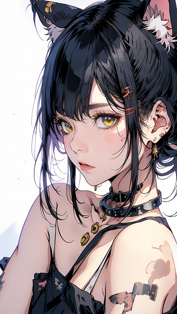 (best quality,4K,8K,high resolution,masterpiece:1.2),Extremely detailed,(Practical,photoPractical,photo-Practical:1.37),Black hair and pink ears anime girl,White shirt,Gina Flame (Gina Flame) Anime Drawing,pixiv,The Art of Self-Destruction,Gapmo,Yandel,Anime mo art style,Yandel,Anime girl with cat ears,Anime grandma,Anime style,Practical anime style,portrait Anime style,Nekomimi,semi-Practical anime style