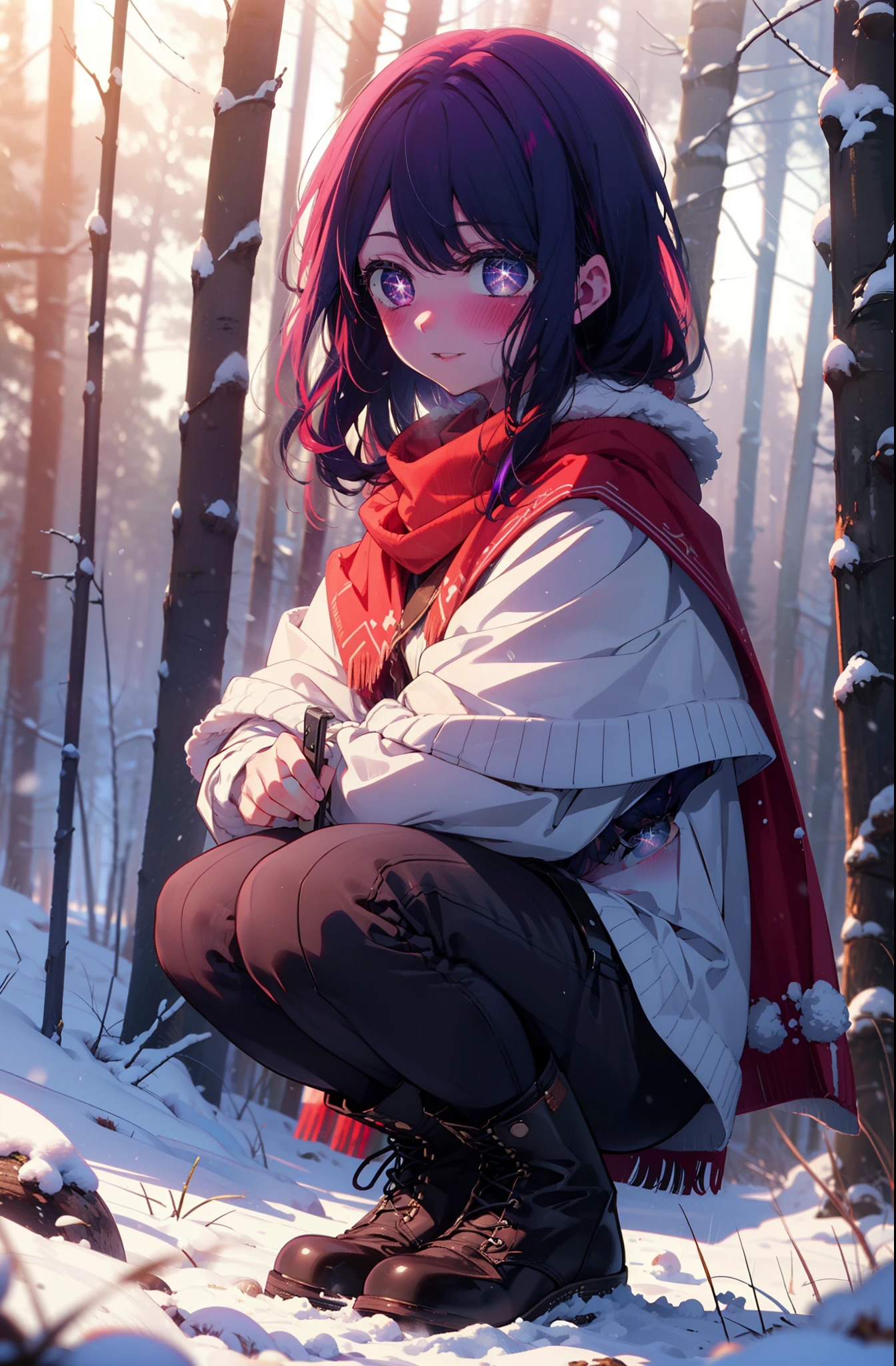 aihoshino, Ai Hoshino, Long Hair, bangs, (Purple eyes:1.1), Purple Hair, (Symbol-shaped pupil:1.5), smile,,smile,blush,white breath,
Open your mouth,snow,Ground bonfire, Outdoor, boots, snowing, From the side, wood, suitcase, Cape, Blurred, , forest, White handbag, nature,  Squat, Mouth closed, Cape, winter, Written boundary depth, Black shoes, red Cape break looking at viewer, Upper Body, whole body, break Outdoor, forest, nature, break (masterpiece:1.2), Highest quality, High resolution, unity 8k wallpaper, (shape:0.8), (Beautiful and beautiful eyes:1.6), Highly detailed face, Perfect lighting, Highly detailed CG, (Perfect hands, Perfect Anatomy),
