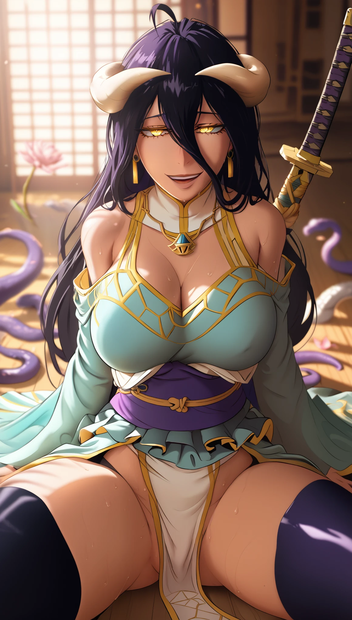 score_9, score_8_up, score_7_up, score_6_up, uncensored, Albedo, demon horns, black hair, long hair, yellow eyes, slit pupils, BREAK detailed eyes, (perfect hands, perfect anatomy), detailed skin texture, (blush:0.5), (goosebumps:0.5), subsurface scattering, cinematic, Sharp focus, humorous illustration, big depth of field, Masterpiece, concept art, trending on artstation, Vivid colors, Simplified style, trending on ArtStation, trending on CGSociety, Intricate, Vibrant colors, Soft Shading, Simplistic Features, Sharp Angles, Playful, excessive sweating, sweating profusely, sweating drop BREAK, 1girl, breasts, japanese clothes, large breasts, solo, weapon, sword, kimono, magatama, katana, sash, jewelry, thighhighs, cleavage, smile, obi, thighs, earrings, rope belt, sitting, magatama necklace, wide sleeves, looking at viewer, white kimono, open mouth, necklace, detached sleeves, grey kimono, cherry blossoms, black thighhighs, holding weapon, holding, holding sword, long sleeves, bare shoulders, dragon print, weapon over shoulder, spread legs, backlighting, tentacles, large breasts,
