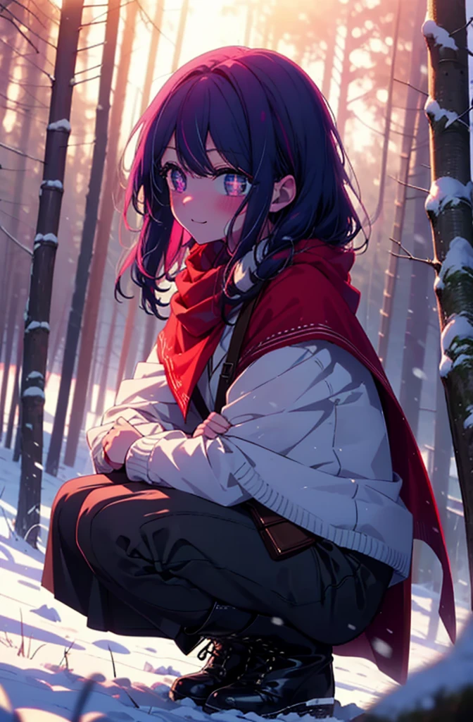 aihoshino, Ai Hoshino, Long Hair, bangs, (Purple eyes:1.1), Purple Hair, (Symbol-shaped pupil:1.5), smile,,smile,blush,white breath,
Open your mouth,snow,Ground bonfire, Outdoor, boots, snowing, From the side, wood, suitcase, Cape, Blurred, , forest, White handbag, nature,  Squat, Mouth closed, Cape, winter, Written boundary depth, Black shoes, red Cape break looking at viewer, Upper Body, whole body, break Outdoor, forest, nature, break (masterpiece:1.2), Highest quality, High resolution, unity 8k wallpaper, (shape:0.8), (Beautiful and beautiful eyes:1.6), Highly detailed face, Perfect lighting, Highly detailed CG, (Perfect hands, Perfect Anatomy),