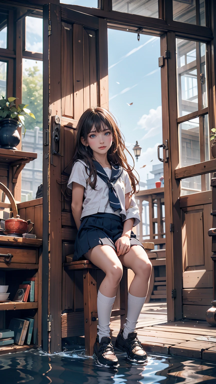 19-year-old female、Sailor suit、Xin Haicheng、Sparrow door lock、Old wooden door in ruins、Waterlogged、blue sky、Have a small chair for your child