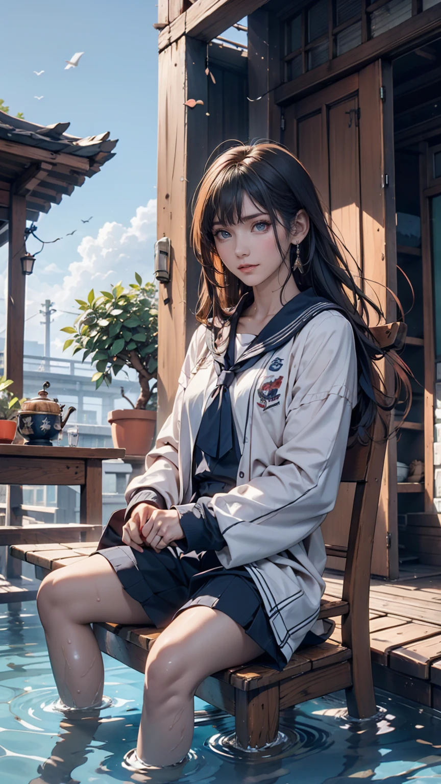 19-year-old female、Sailor suit、Xin Haicheng、Sparrow door lock、Old wooden door in ruins、Waterlogged、blue sky、Have a small chair for your child