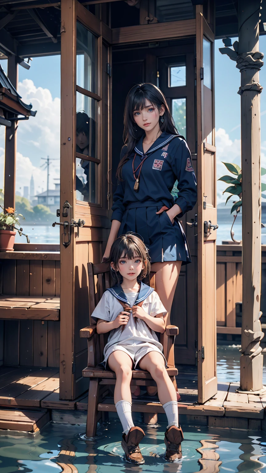 19-year-old female、Sailor suit、Xin Haicheng、Sparrow door lock、Old wooden door in ruins、Waterlogged、blue sky、Have a small chair for your child
