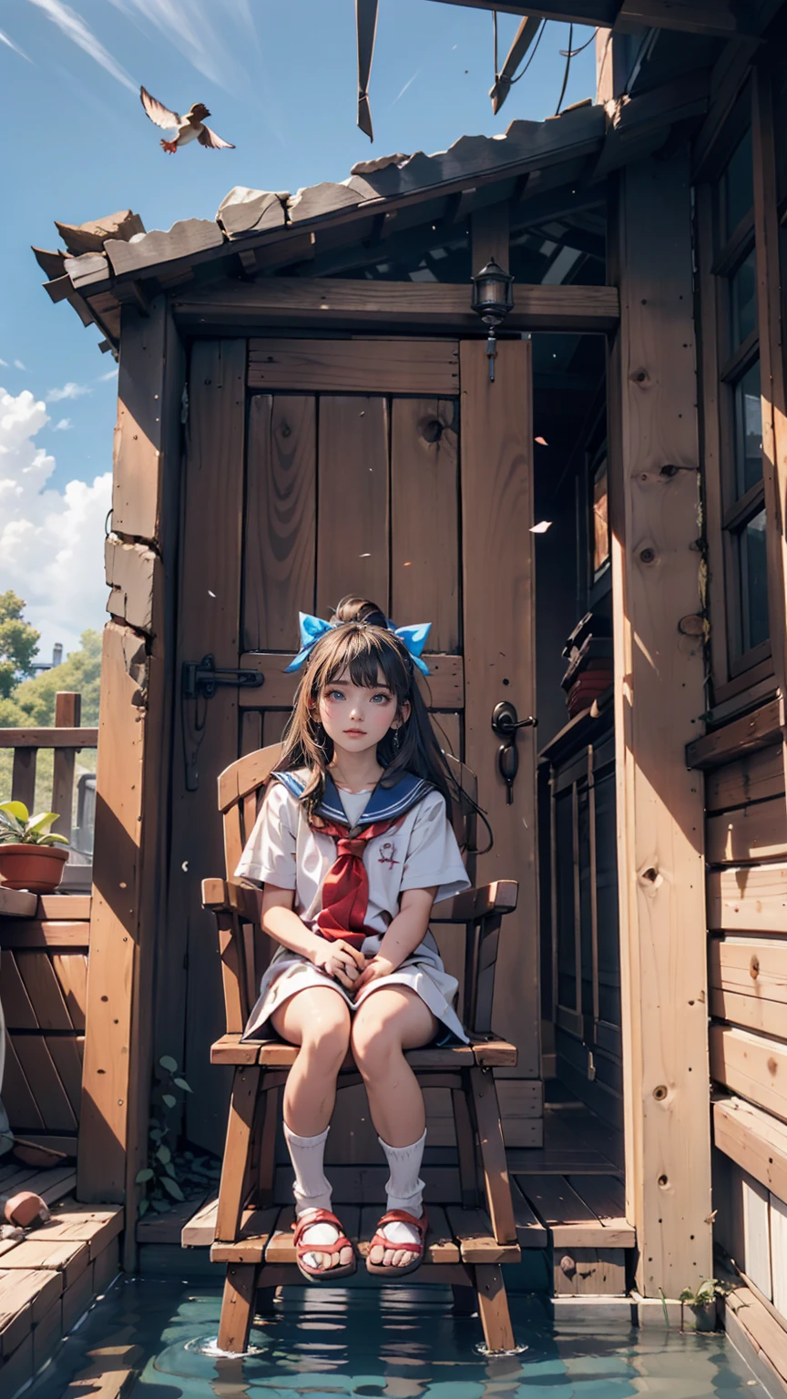 19-year-old female、Sailor suit、Xin Haicheng、Sparrow door lock、Old wooden door in ruins、Waterlogged、blue sky、Have a small chair for your child