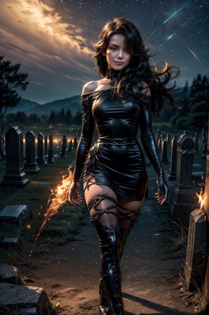 (masterpiece, best quality:1.2), cowboy shot, holding flame, solo, 1girl, cinder fall, smiling, looking at viewer, long hair, black evening dress, elbow gloves, pantyhose, night, stars, walking through rundown graveyard on hillside, ancient crypt, cracked tombstones, bonfire, small crowd (volumetric lighting), sharp focus, hyper detailed