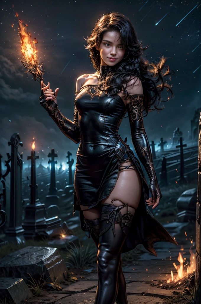 (masterpiece, best quality:1.2), cowboy shot, holding flame, solo, 1girl, cinder fall, smiling, looking at viewer, long hair, black evening dress, elbow gloves, pantyhose, night, stars, walking through rundown graveyard on hillside, ancient crypt, cracked tombstones, bonfire, small crowd (volumetric lighting), sharp focus, hyper detailed