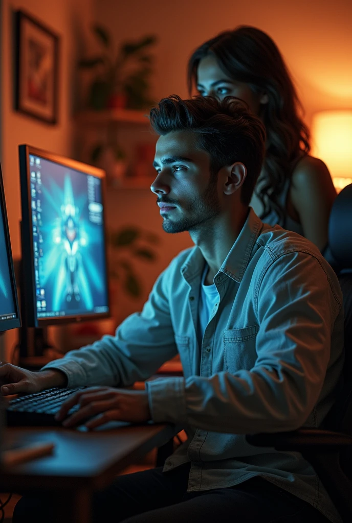 A man play the game in a room
The game run in a person’s computer.
Make a beauty full boy
Background is home
And a girl stand in her back side
