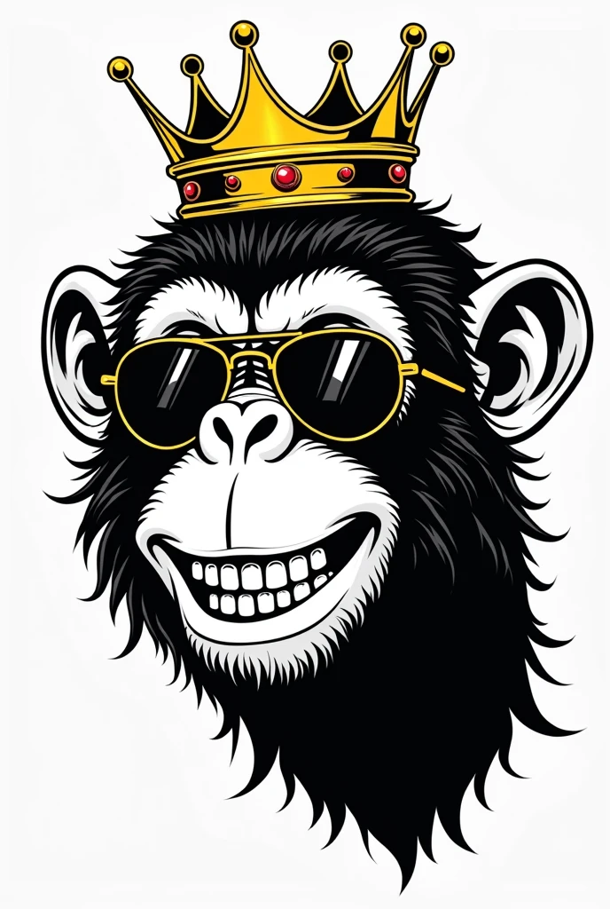 Affenkopf im comic style, ray ben sunglasses, crown, cheeky and light grin, black-and-white, grössere crown
