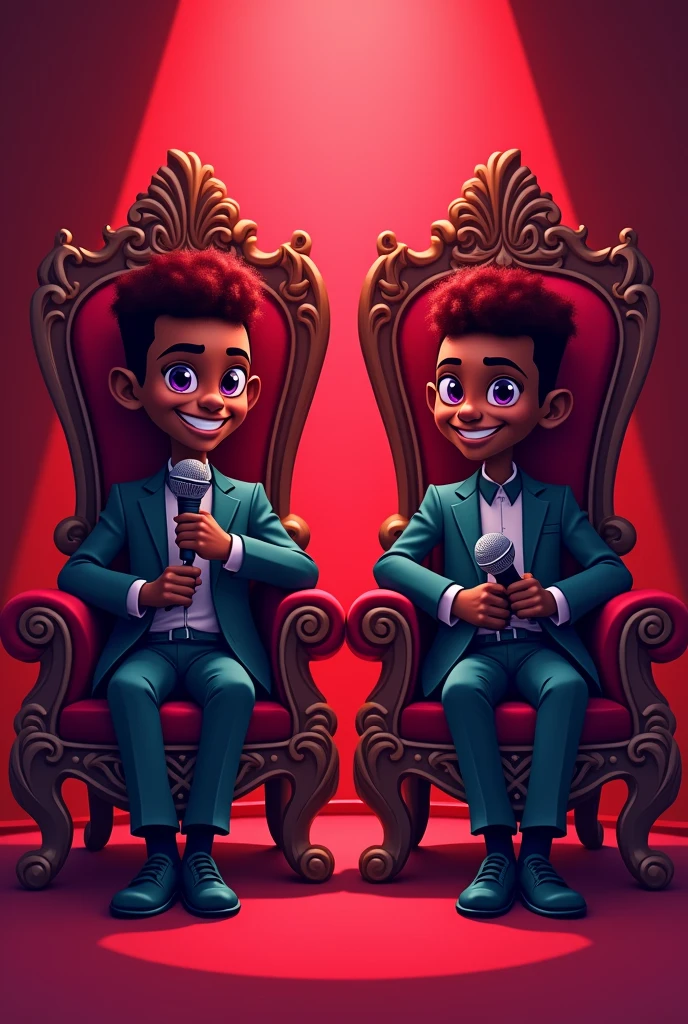 - **Art Style:** Cartoon
- **Color Palette:** Vibrant Red, Deep Purple, Dark Skin Tones
- **Characters:**
  1. **Character 1:** A black man with dark red hair and purple eyes, smiling warmly. He is seated on a red throne.
  2. **Character 2:** Identical to Character 1, but without a microphone, also smiling. He is seated on a matching red throne.
- **Scene Description:**
  - Both characters are sitting side by side, facing forward, in a vibrant red room. The overall atmosphere is joyful and friendly, with both characters exuding a sense of camaraderie. The room and thrones should emphasize a deep red color palette, creating a cohesive and warm scene.
- **Mood:** Dark, pertubador, estranho