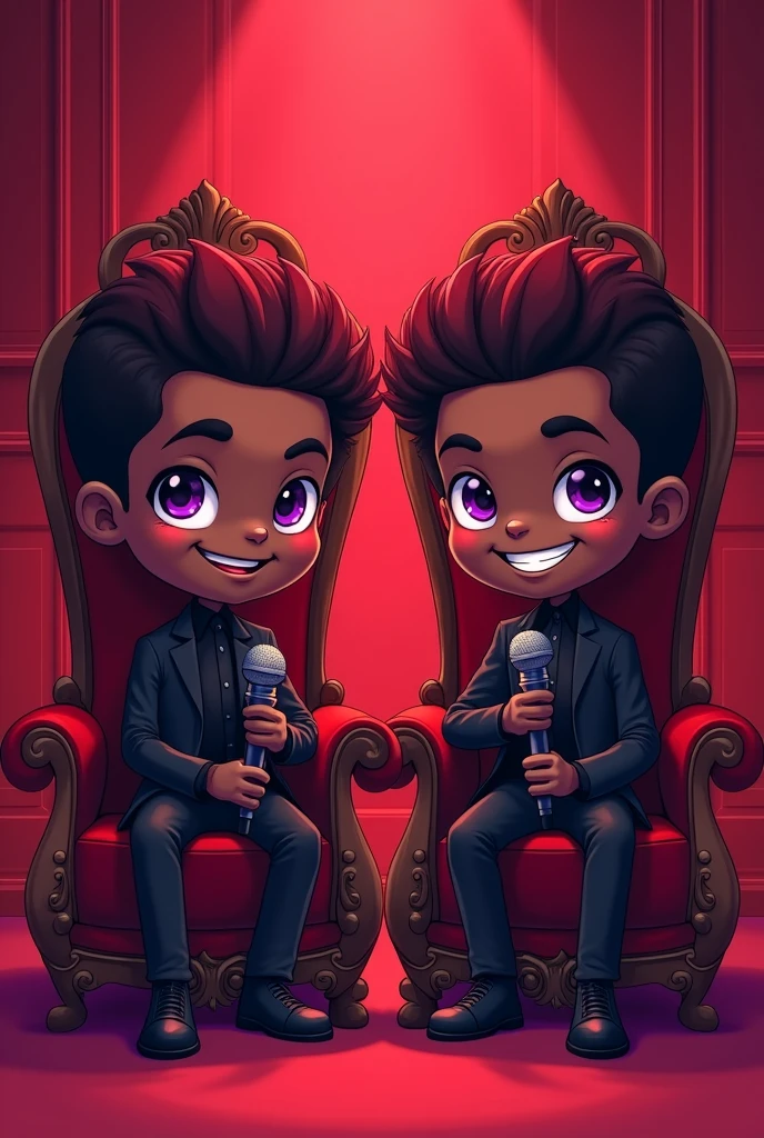 - **Art Style:** Cartoon
- **Color Palette:** Vibrant Red, Deep Purple, Dark Skin Tones
- **Characters:**
1. **Character 1:** A black man with dark red hair and purple eyes, smiling warmly. He is seated on a red throne.
2. **Character 2:** Identical to Character 1, but without a microphone, also smiling. He is seated on a matching red throne.
- **Scene Description:**
- Both characters are sitting side by side, facing forward, in a vibrant red room. The overall atmosphere is joyful and friendly, with both characters exuding a sense of camaraderie. The room and thrones should emphasize a deep red color palette, creating a cohesive and warm scene.
- **Mood:** Dark, pertubador, estranho