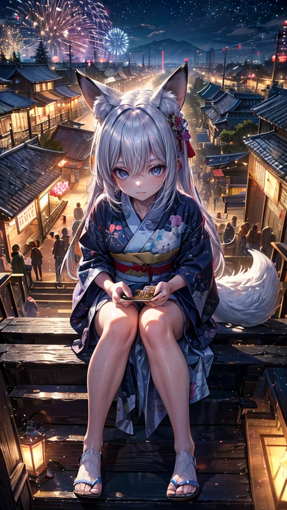 High resolution, Winner of numerous awards, Ultra high definition, Textured skin, retina, 
masterpiece,(bestquality),highlydetailed,ultra-detailed,1girl, （A composition where a girl is sitting on ロボット:1.4）(Look to the side)(natural lighting,confidentexpression),(The grounds of an empty shrine)(Staircase under the stairs、fair、festival:1.2)(The view from above)(panorama:1.2),Fireworks in the sky smile,angle、chrome,raw（A beautiful girl with silver hair and fox ears in a yukata:1.5）（Fireworks lighting）(Looking down:1.4)(Looking down angle)(firework:0.8)(Fox&#39;s Tail)Holding cotton candy(Perfect Anatomy)(With shaved ice:1.3)