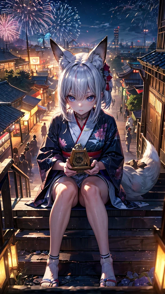 High resolution, Winner of numerous awards, Ultra high definition, Textured skin, retina,
masterpiece,(bestquality),highlydetailed,ultra-detailed,1girl, (A composition where a girl is sitting on ロボット:1.4)(Look to the side)(natural lighting,confidentexpression),(The grounds of an empty shrine)(Staircase under the stairs、fair、festival:1.2)(The view from above)(panorama:1.2),Fireworks in the sky smile,angle、chrome,raw(A beautiful girl with silver hair and fox ears in a yukata:1.5)(Fireworks lighting)(Looking down:1.4)(Looking down angle)(firework:0.8)(Fox's Tail)Holding cotton candy(Perfect Anatomy)(With shaved ice:1.3)