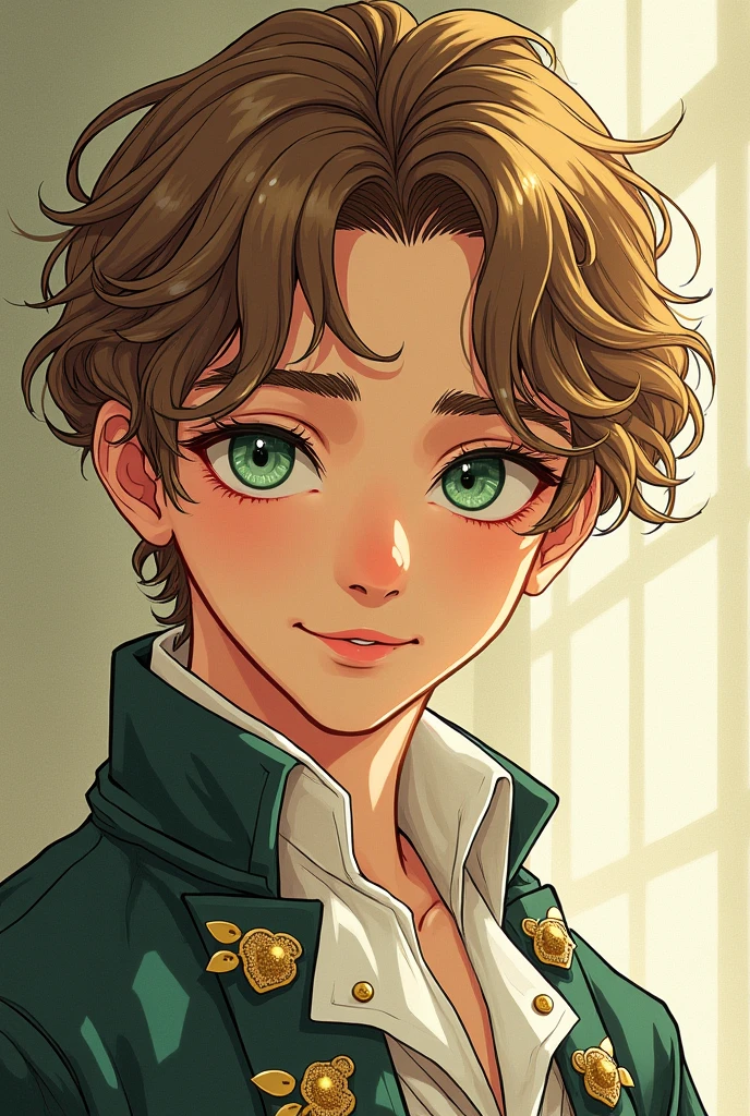 young man with brownish golden lighly-curly semi-long hair and green eyes wearing 18th century shirt, in japanese manga style like mori kaoru