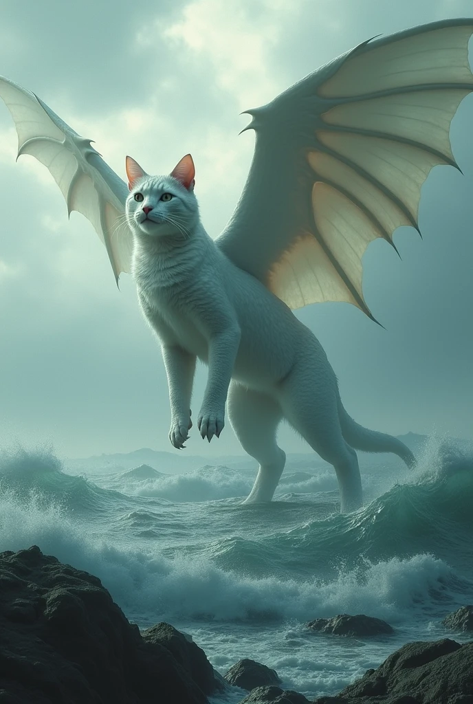 The cat turned into a pale sea monster with wings but no tail., have two legs, very very big monster