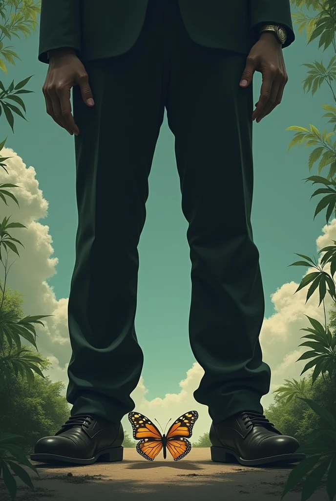 An image of a butterfly under the feet of a man