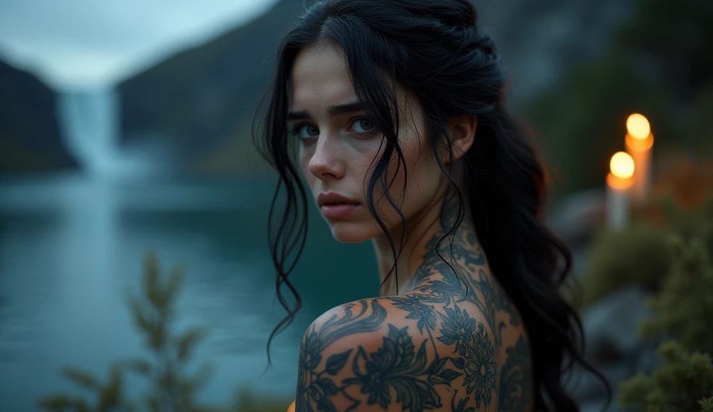 tatuados,Very beautiful big breasts、(Tears),(Back tattoo、Many tattoos on both arms and neck)、 (Late night on the fjord,Spectacular fjord scenery with waterfalls),Candlelight only,Very detailed, 21 years old, A beautiful woman,Depressed face, Black Hair,Medium Wavy Hair, blue eyes, High resolution, masterpiece, Highest quality, Intricate details, Very detailed, Clear focus, Delicate skin, practical skin texture, texture, Delicate eyes, Professional, 8k, Sad face,despair、 Shot with Canon, 85mm, Shallow and deep, Kodak Vision Color, Exactly, Very detailed, photograph_\(Extremist\), photographpractical, practical, Post-processing, Maximum details, Roughness, Real Life, Extremist practical, Photorealism, photographgraphy, 8k ウルトラ HD, photographgraphy