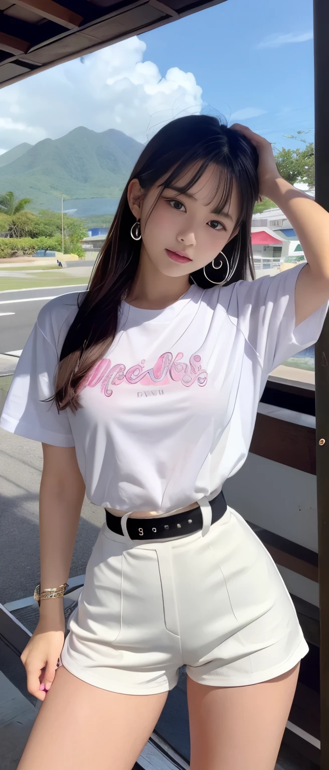 Gorgeous idol girl、whole body、Good style、、、、、、、、、、Thick legs、、Pearl White Tight Shorts、Shiny Pink Shirt、Cool girl face、、Southern Island、、Circle Belt、