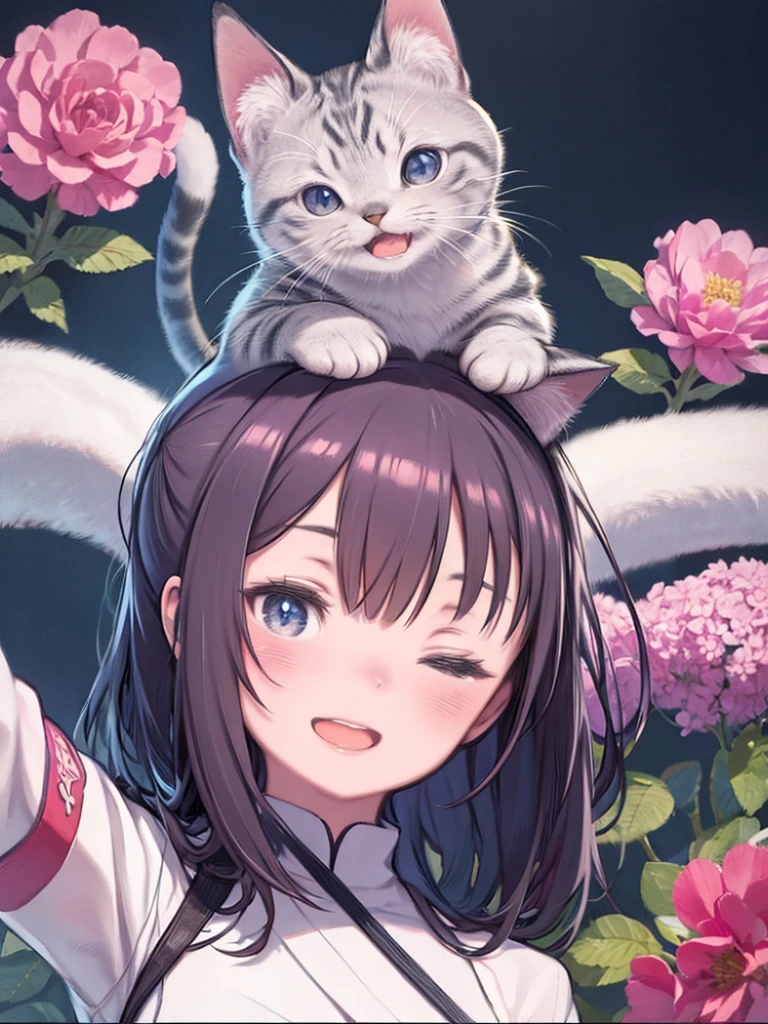 smileで猫を抱える少女、Realistic Cat、smile、Open your mouth a little、Wink、Upper Body、