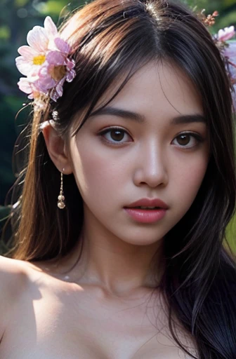detailed upperbody portrait of an indonesian naked girl, beautiful detailed eyes, beautiful detailed lips, extremely detailed face, long eyelashes, exposed hanging big breast, flower on ear, warm saturated colors, cinematic lighting, highly detailed, intricate details, digital art, 8k, photorealistic, masterpiece
