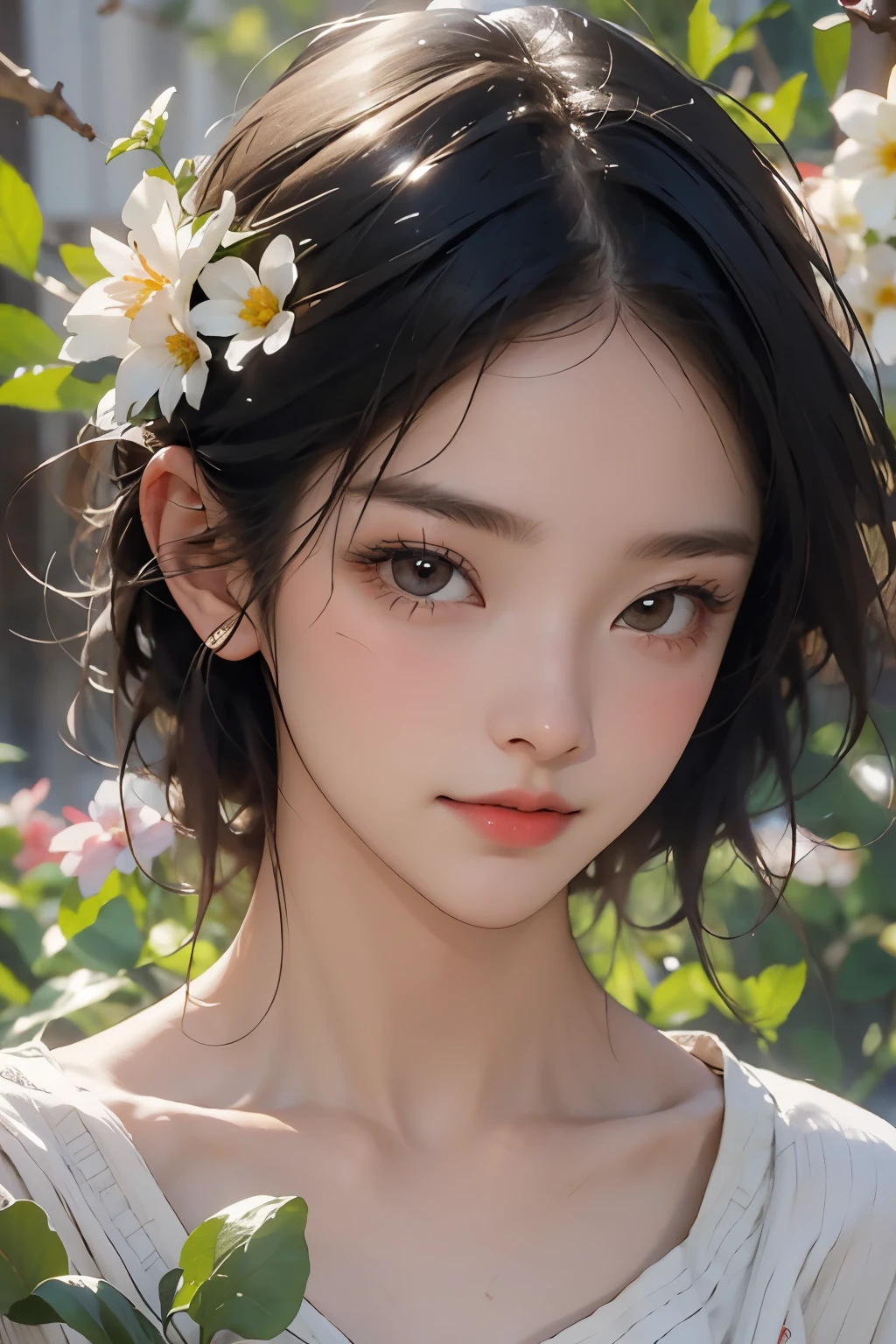 Very beautiful girl、(A smile that makes everyone around you happy)、(Surrounded by lots of flowers)、Beautiful Skin、Glowing Skin, bright, Refreshing and gentle look, Perfect beautiful face、Beautiful shiny bangs, Small breasts,Lace dress,See through,Transparent beautiful stained glass background,