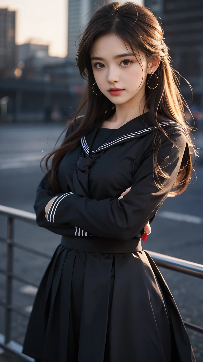 Masterpiece, Best Quality, Ultra High Resolution, Super Detail, Sharp Focus, Solo, 15-year-old Delinquent, Viewer's Point of View: 1.3, (Smirk: 0.6), (Black Sailor Suit) Thin, (Long Skirt) Long Sleeve Sailor Suit, Evening, Sunset, Night, Realistic, Thin, (Standing: 1.1), (Upper Body Shot: 1.6), Perm, Light Brown Hair, ((Long Sailor Skirt))