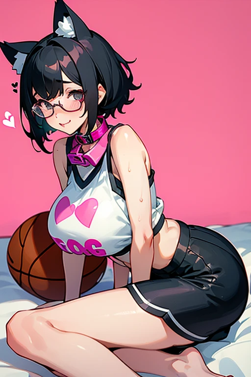 A girl with glasses, short black hair, a basketball outfit with a crop top and shorts, shy pose, showing her thighs, lying on the bed, big breasts, big butt, bare feet, sweating, no basketball, full pink heart-shaped eyes, sticking out her tongue, wearing a collar, wearing cat ears.
