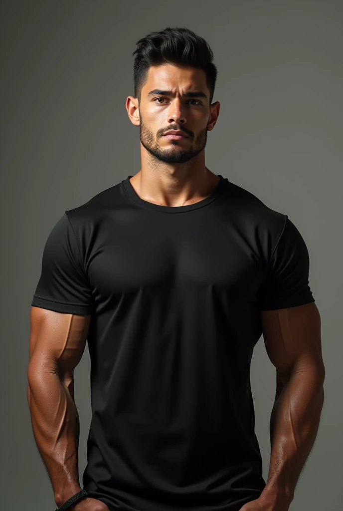 A man about 22 years old, muscular, wearing a black shirt, looking cool , No beard, black hair ,Biker,Tanned, 190 cm tall , Virtual, high quality , No mustache and beard