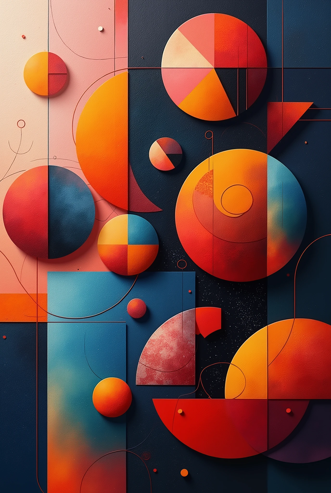 Create an abstract art print, oil color, that shows geometric object art elements mixed in one image. Beautiful, vibrant colors, printed on a full canvas. (masterpiece, top quality, best quality, official art, beautiful and aesthetic:1.2)