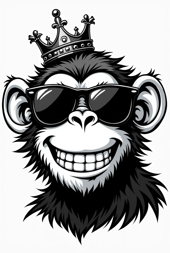 Affenkopf im comic style, ray ben sunglasses, crown, cheeky and light grin, black-and-white, leicht schräge crown