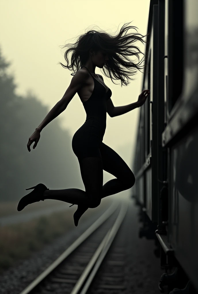 Generates a y woman jumping off a moving train 