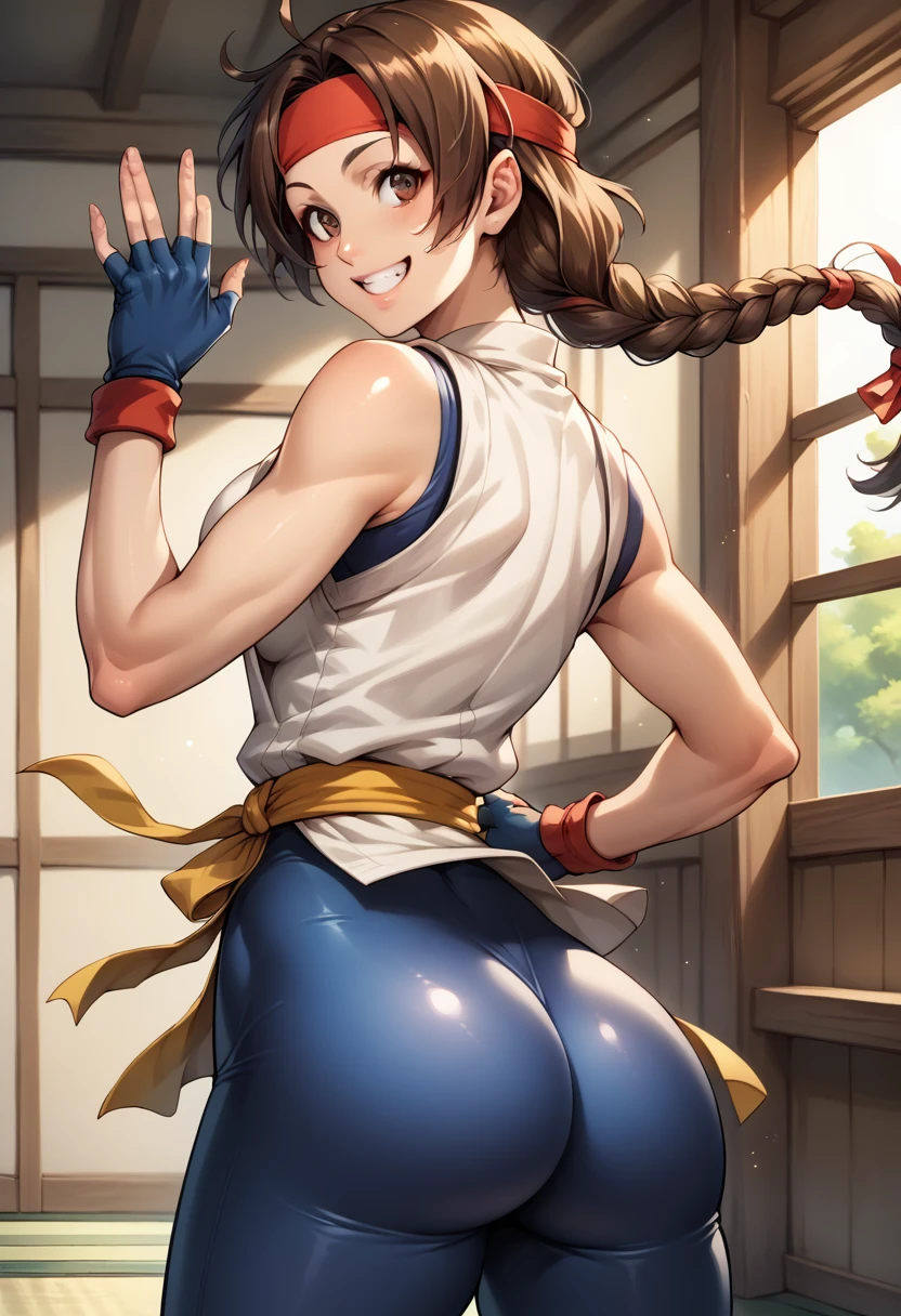 score_9, score_8_up, score_7_up, BREAK, score_9, ysakazaki, happy, teeth, smile, brown hair, brown eyes, single braid, dougi, spandex, headband, fingerless gloves, cowboy shot, ass, from behind, dojo