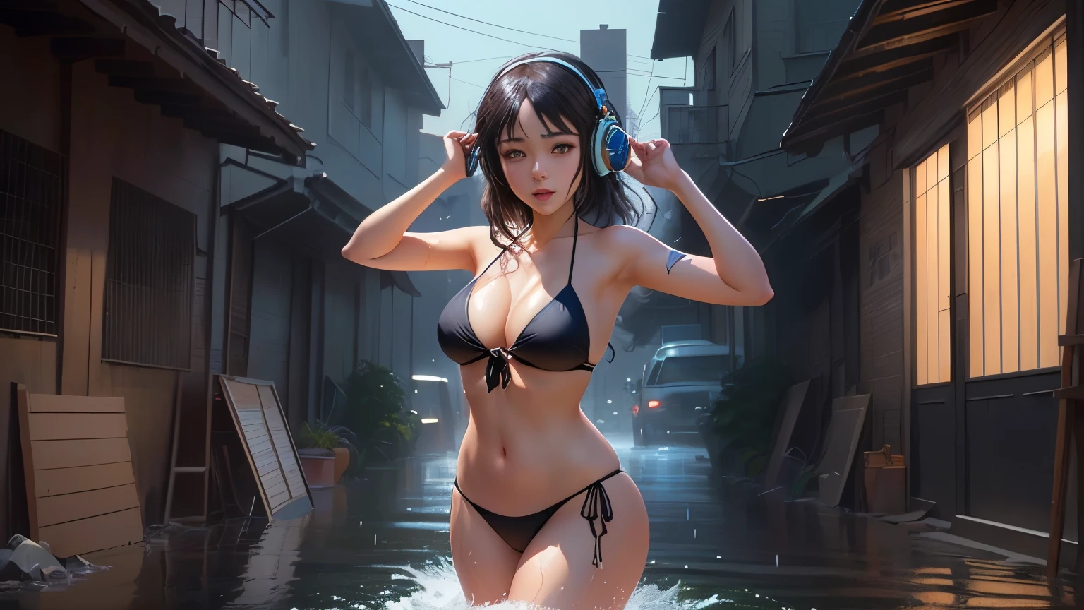 anime girl in a black bikini posing in the water, wearing water-proof headphone, dancing in the rain, trending on cgstation, smooth anime cg art, realistic bikini, wallpaper anime blue water, guweiz, detailed digital anime art, artwork in the style of guweiz, extremely detailed artgerm, photorealistic anime girl render, fanart best artstation, trending at cgstation, advanced digital anime art