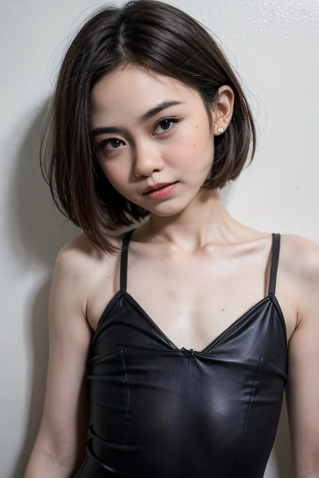 ((LIE DOWN)), (Wearing Swimsuit), (((SHORTHAIRCUT STYLE HAIR ))), masutepiece, High quality, UHD 32K, Realistic face, Realistic skin feeling , A Malay Lady, 8 years old, , Very cute and baby-like face, (((FLAT CHEST:1.3))), (MATRIX WORLD), ((look In front at the camera and SADNESS)), ((())), (((CUTE GIRL))), ((BLACK LIPS)), ((WHITE PURPLE)), (undress). ((naked:1)), ((baby face))