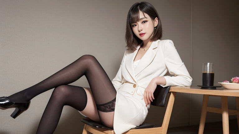 Tabletop, Highest quality, shape, Very detailed, finely, High resolution, 8k wallpaper, 完璧なダイナミックな構shape, finelyて美しい目, suit,Hot cut hair,Natural color lip, Sit on a chair and cross your legs,smile、25-year-old woman,Red eyeshadow,When wearing black tights or stockings,