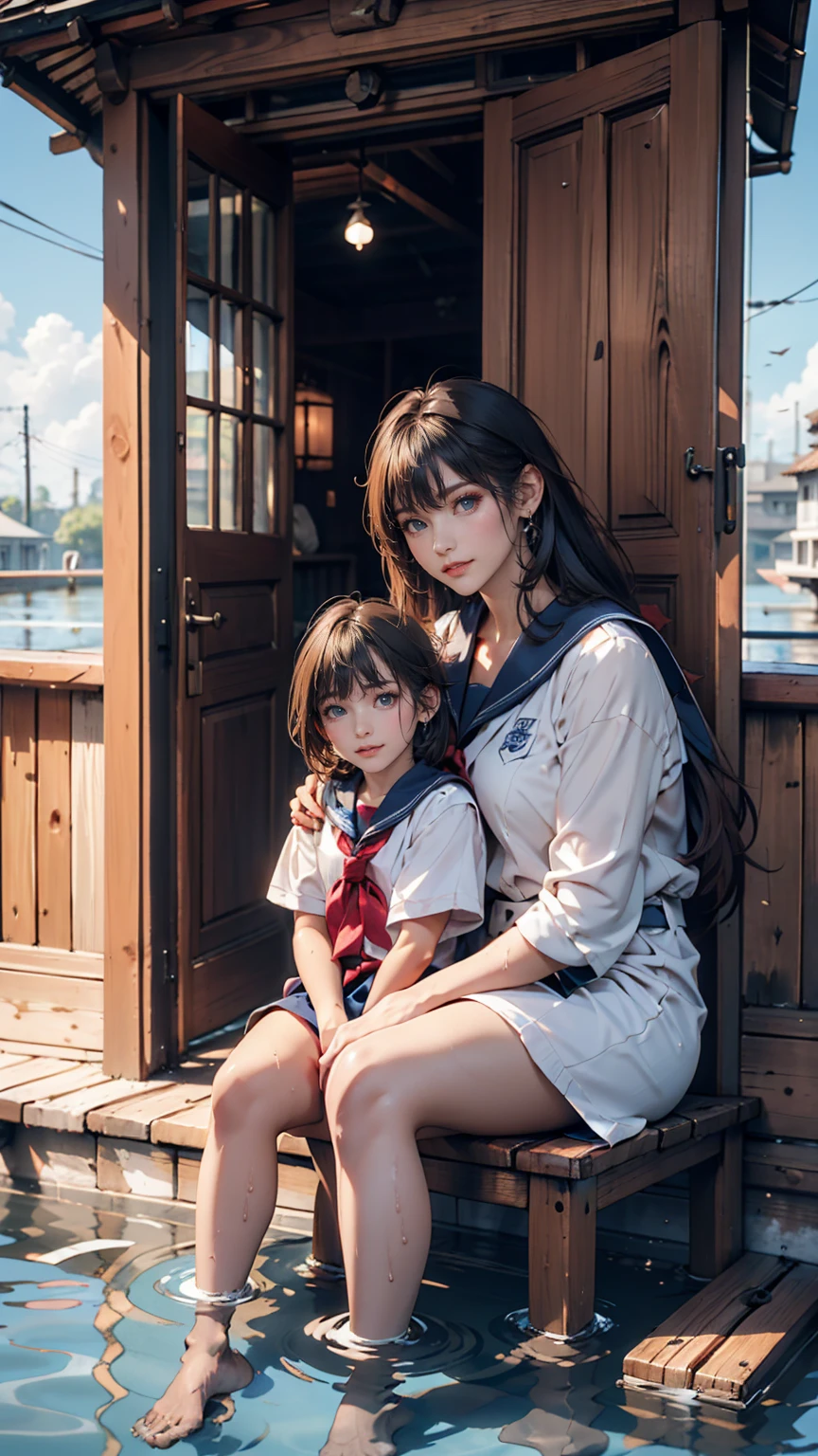 19-year-old female、Sailor suit、Xin Haicheng、Sparrow door lock、Old wooden door in ruins、Waterlogged、blue sky、Have a small chair for your child