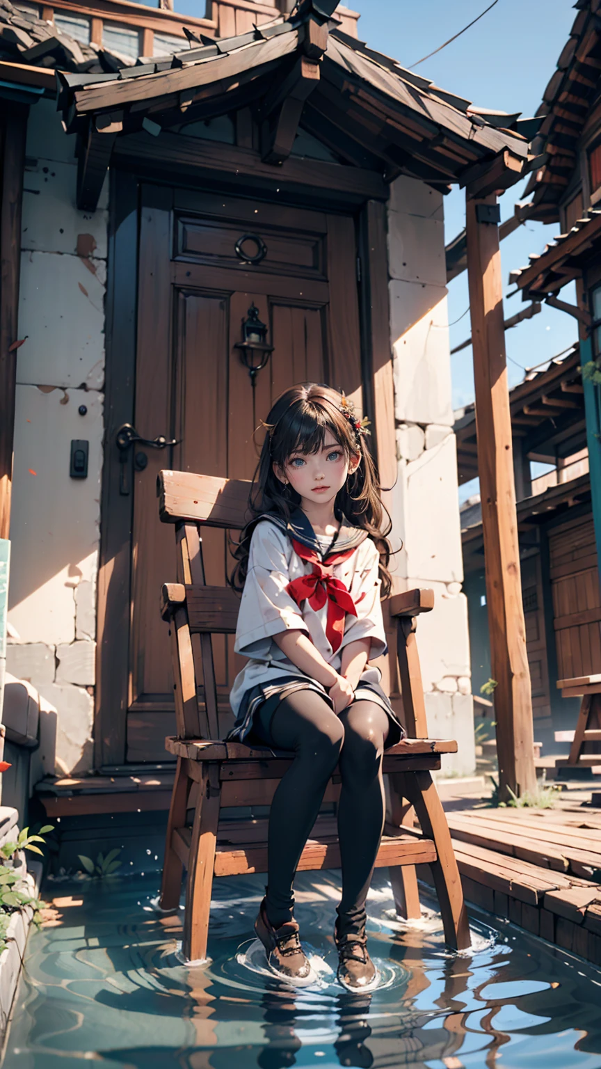 19-year-old female、Sailor suit、Xin Haicheng、Sparrow door lock、Old wooden door in ruins、Waterlogged、blue sky、Have a small chair for your child