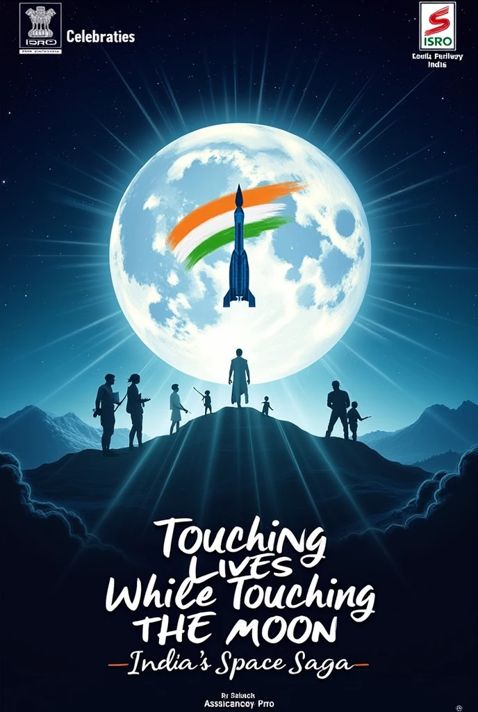 Design a captivating poster that celebrates India’s space exploration journey with the theme "Touching Lives While Touching the Moon." At the center, showcase a luminous moon with the Indian tricolor subtly reflected on its surface. In the foreground, illustrate a blend of modern and traditional elements: an ISRO rocket soaring toward the moon, and an earthward view of diverse Indian people, their lives impacted by space technology (like farmers using satellite data, students learning via online platforms, etc.). Above, a clear night sky filled with stars and a faint outline of India’s map, symbolizing the nation’s unity and progress. Use a bold, inspiring font for the title, "Touching Lives While Touching the Moon," and include a tagline at the bottom, "India’s Space Saga," with the ISRO logo. The color scheme should be a mix of deep blues, whites, and the colors of the Indian flag, creating a sense of pride and achievement.
**Size:** 1024x1024 (Square)